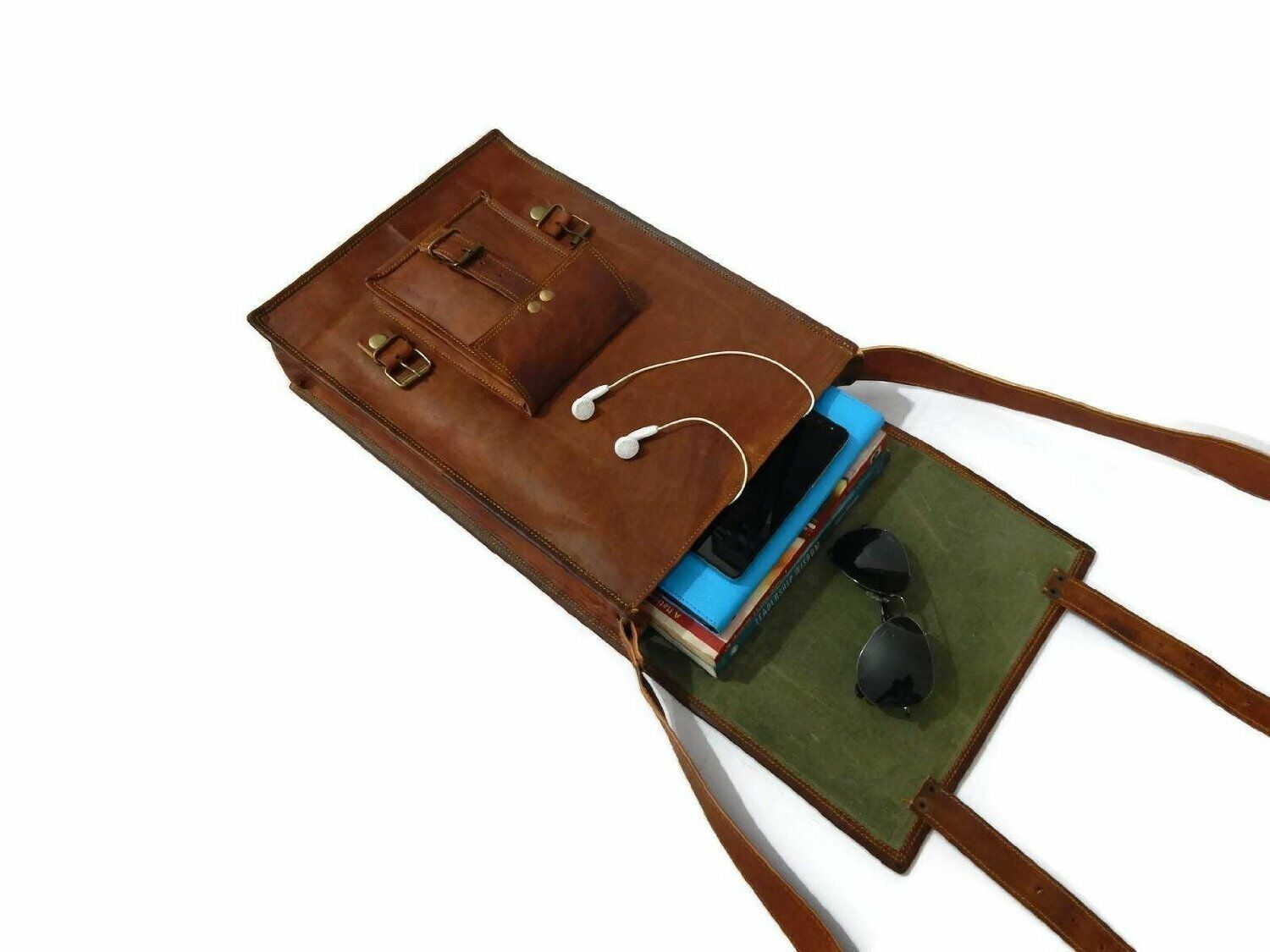 Vintage Vertical Camel-Hide Leather Messenger Briefcase Bag Man Business Laptop 24Hr Smart